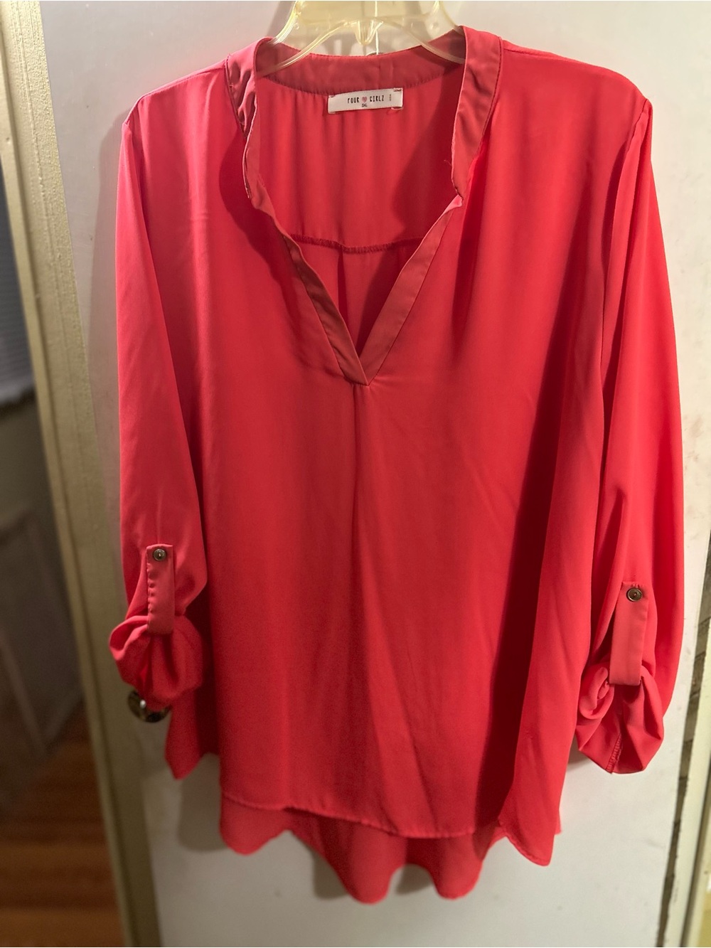 Coral Split-Neck Roll-Sleeve Blouse
